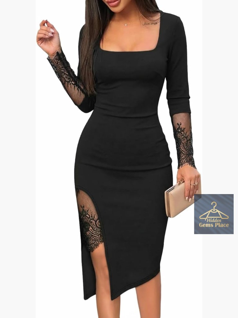 Long Sleeve Lace Slit Cocktail Dress Square Neck Asymmetrical Hem Party